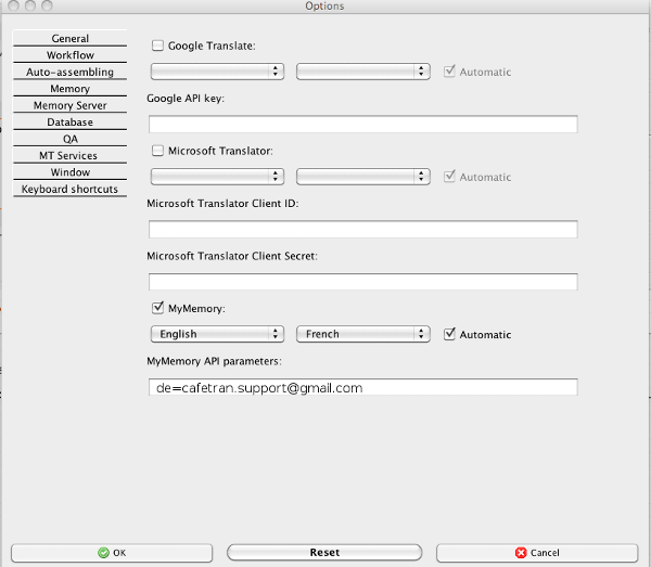 CafeTran MT Service tab